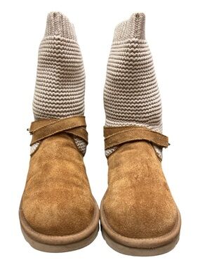 UGG Chestnut Suede Ankle Boots with Cream Knit Shaft  purl sweater knit  Boots 8